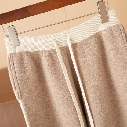 Autumn Winter Thick 100% Merino Wool Contrasting Splicing Casual Sports Pants Men Versatile Knitted Sweatpants Straight Leg Pant