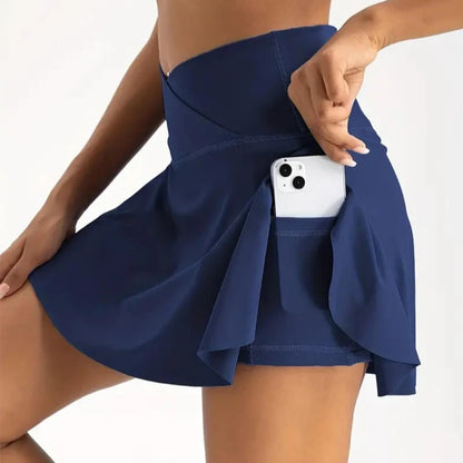 Women Pleated Tennis Skirt with Pockets Shorts Athletic Skirts Crossover High Waisted Athletic Golf Skorts Workout Sports Skirts