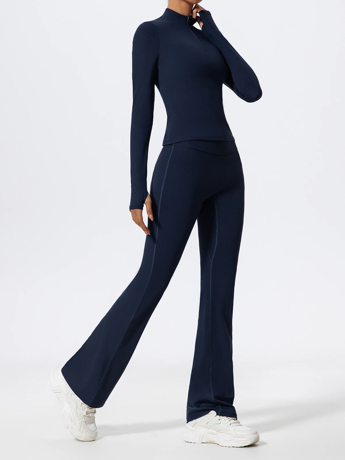 Hearuisavy Summer Half Zipper Yoga Suit Outdoor Workout Clothing Gym Set Women Flared Pants 2Pcs Sports Long Sleeves Shirt Suit