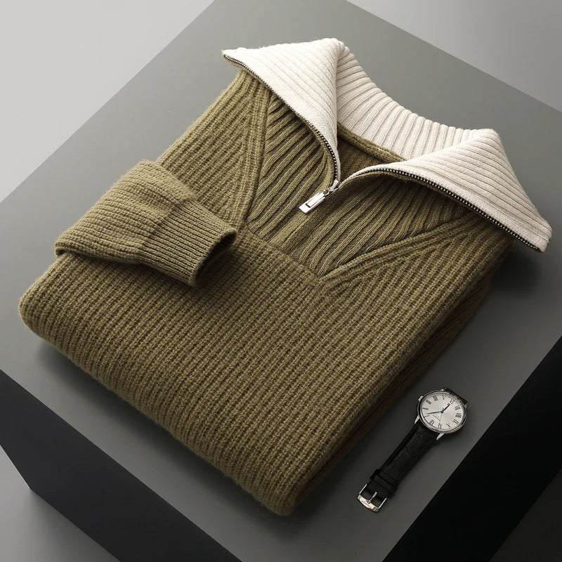 High Quality Men 100% Wool Sweater Turn Down Collar Zippers Pullover 2025 Autumn/Winter Thickened Soft Warm Knitwear Jumper Tops