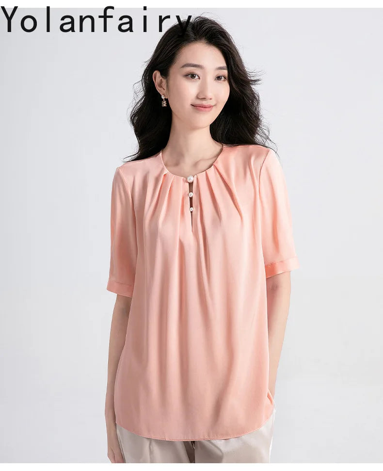 YOLANFAIRY 100% Natural Mulberry Silk T Shirts Woman Clothing 2026 Summer Loose Fashion T Shirt Elegant Womens Tops Short Sleeve
