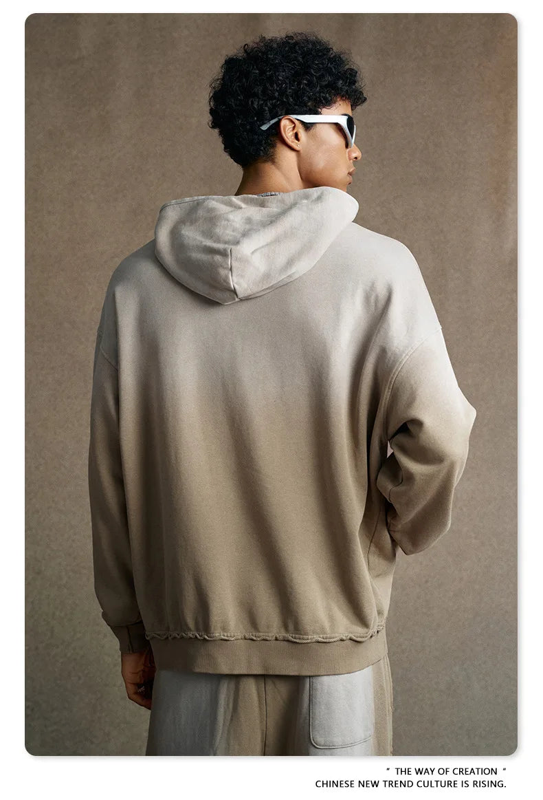 Custom LOGO men's 2025 autumn 370G heavy 100% cotton gradual change hole hooded sweater straight trousers set