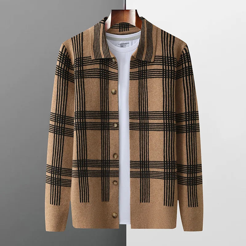 100% Merino Wool Men's Lapel Collar Knit Cardigan Coat 2025 Spring/ Autumn New POLO Neck Grid Suit Shirt Cashmere Jacket Sweater