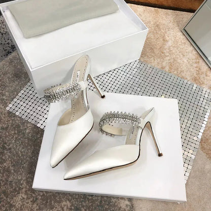 Women's 2022 Pump Summer New Rhinestone Chain Slippers High Heels Stiletto Pointed Shallow Mouth Silk Sandals Outer Wear
