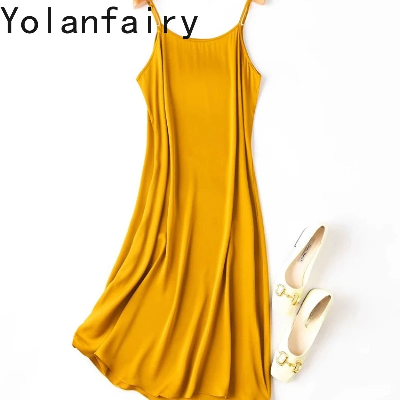 YOLANFAIRY 19momme 93% Mulberry Silk Spaghetti Strap Dress for Women Elegant Mid-length Sexy Real Silk Summer Dresses Woman 원피스
