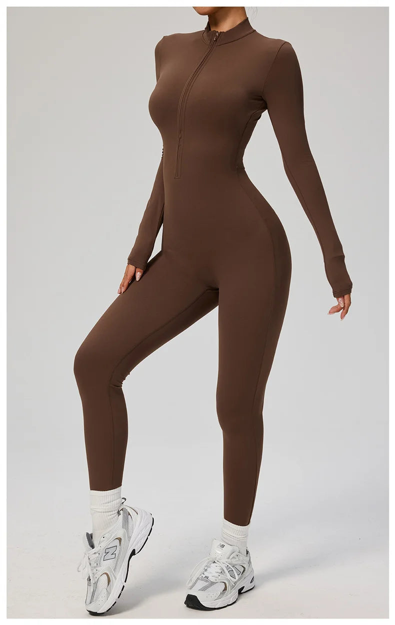 TRY TO BN Women's Jumpsuit Long Sleeve Zipper Shapewear Bodysuit Yoga Fitness One Piece Tights Gym Clothing Mono Deportivo Mujer