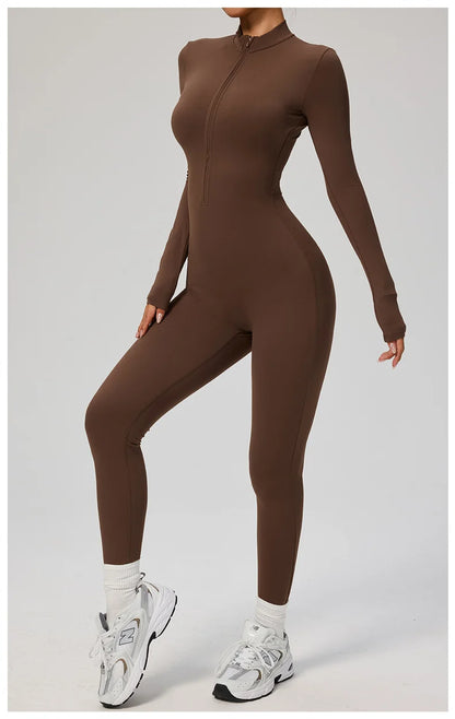 TRY TO BN Women's Jumpsuit Long Sleeve Zipper Shapewear Bodysuit Yoga Fitness One Piece Tights Gym Clothing Mono Deportivo Mujer