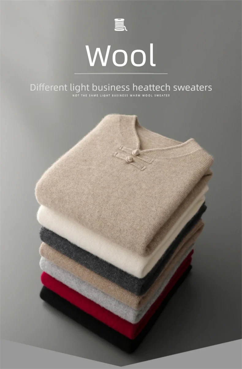 New Chinese Style Men's Pullover 100% Pure Wool Knit Sweater Autumn Winter Retro Stand Collar Long Sleeve Fashion Cashmere Tops