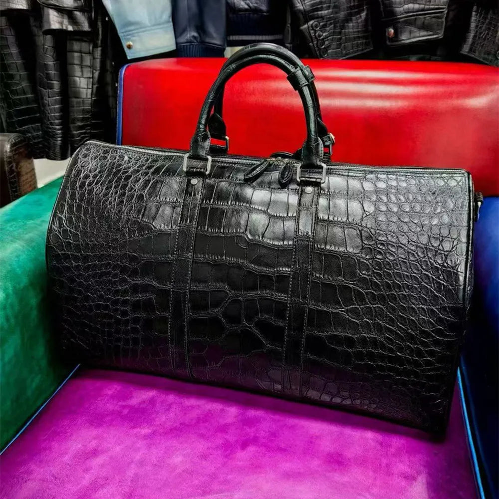 Authentic exotic crocodile belly leather men's large travel handbag real crocodile leather men's fashion luxury shoulder bag