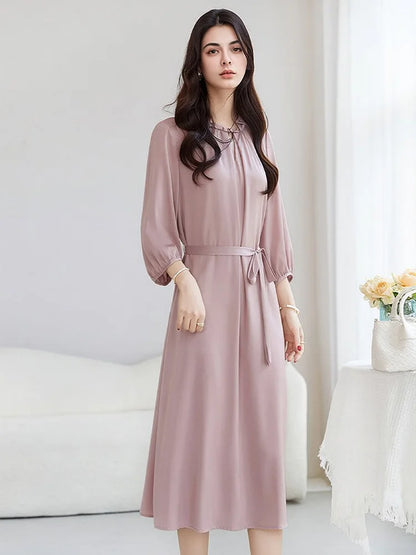 SuyaDream, Women Elegant Dresses, Real Silk, O Neck, 3/4 Sleeved, Black Mid Dress, 2026 Spring Summer Cloth