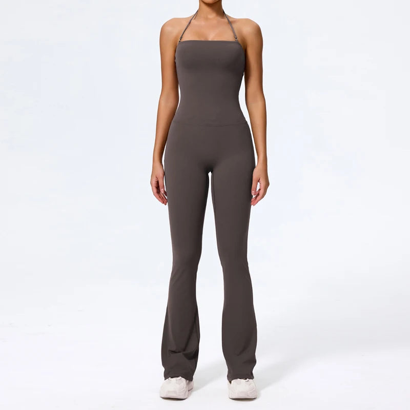New Summer Women Sleeveless Hang Neck Jumpsuit Backless Flared Activewear Female Yoga Clothes Sport Outfit For Woman Overalls