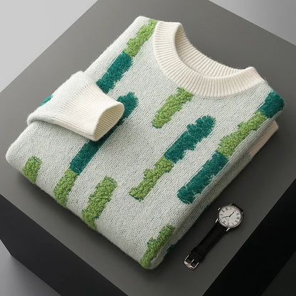 New 100% Pure Wool Men's O-neck Pullover 2025 Autumn/Winter Color Matching Top Casual Thick Fashion Large Size Jumper Sweater