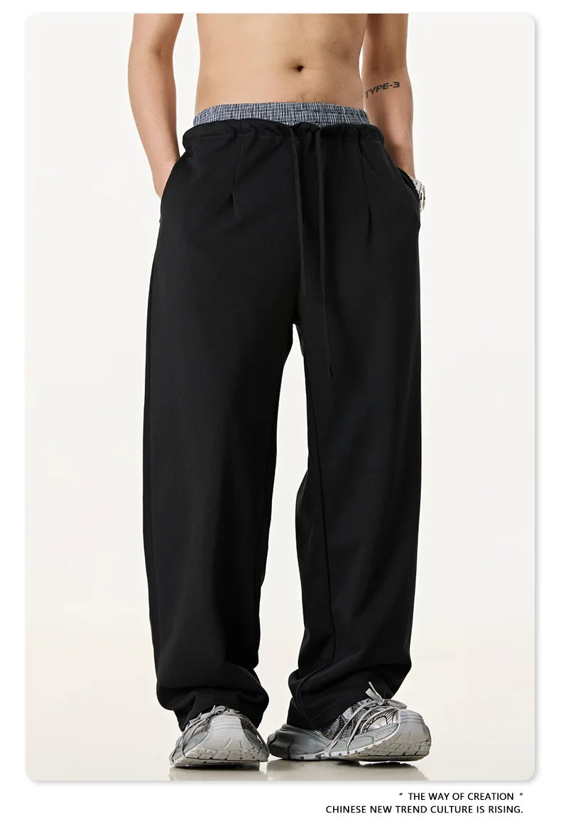 Custom LOGO Men's 2025 Summer 280G American Neutral Wind Splicing Double Waist Wide Leg Pants Sports Straight Couple Sweatpants