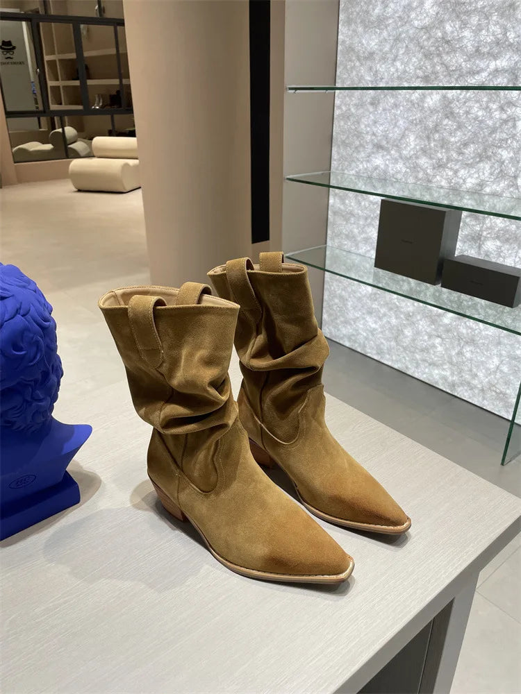 New Fashion Western Cowboy Boots Pointed Pleated V-mouth Thick Heel Medium Tube Short Boots
