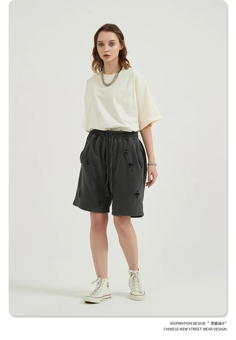 Customized LOGO Men's Heavy 100% Cotton High Street Wind Wash Old Loose Cut Couple Retro Shorts