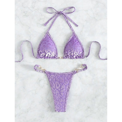 S - XL Leopard Pearl Mini Micro Thong Bikini Female Swimsuit Women Swimwear Two-piece Bikini set Bather Bathing Suit Swim V5207B