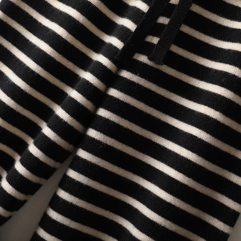 Women's Spring and Autumn 100% Merino Wool 90 Count Knitted Striped Wide Leg Pants