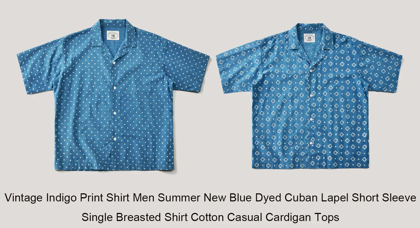 Vintage Indigo Print Shirt Men Summer New Blue Dyed Cuban Lapel Short Sleeve Single Breasted Shirt Cotton Casual Cardigan Tops