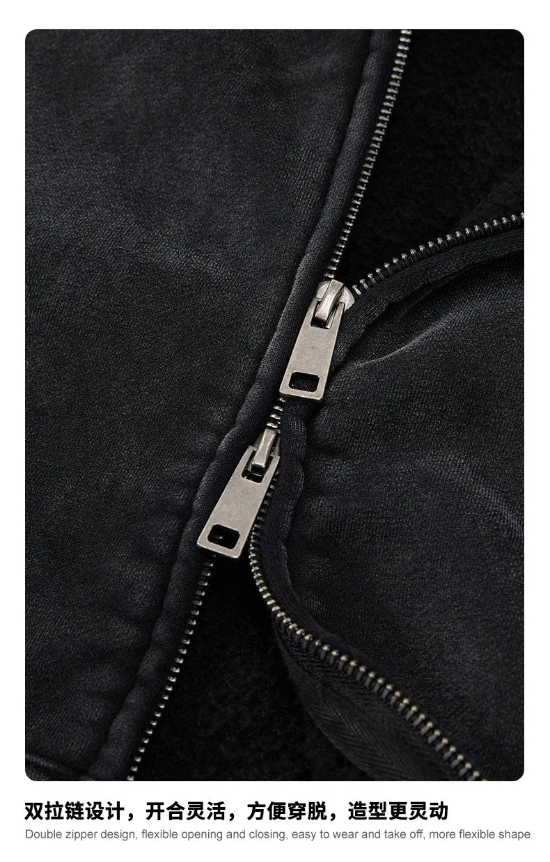 Custom LOGO Men's 400G Autumn Winter Retro Washed Boxy Fleece Collar Plush Thickened  Hooded  Zipper Jacket Couple style set