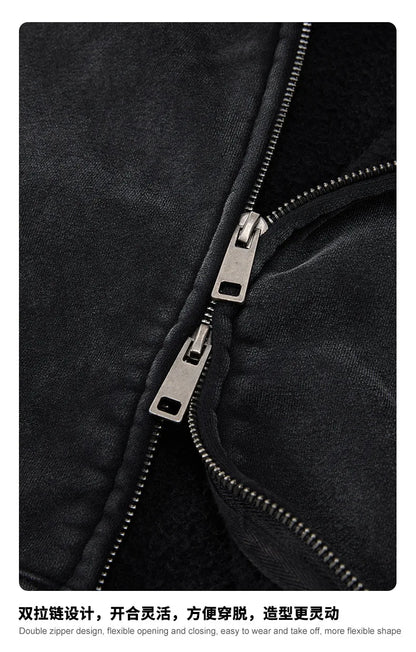 Custom LOGO Men's 400G Autumn Winter Retro Washed Boxy Fleece Collar Plush Thickened  Hooded  Zipper Jacket Couple style set