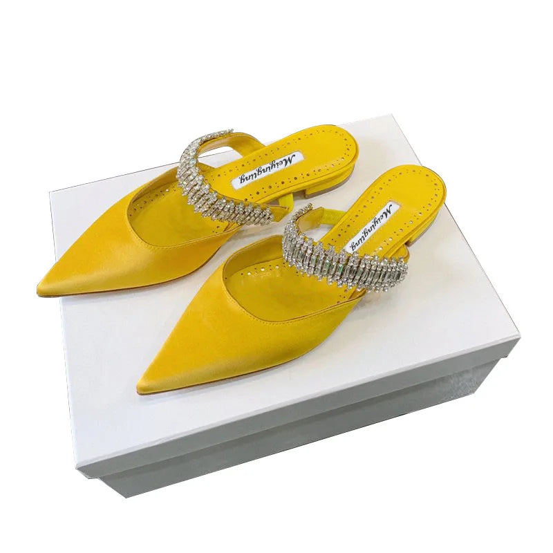Women's 2022 Pump Summer New Rhinestone Chain Slippers High Heels Stiletto Pointed Shallow Mouth Silk Sandals Outer Wear