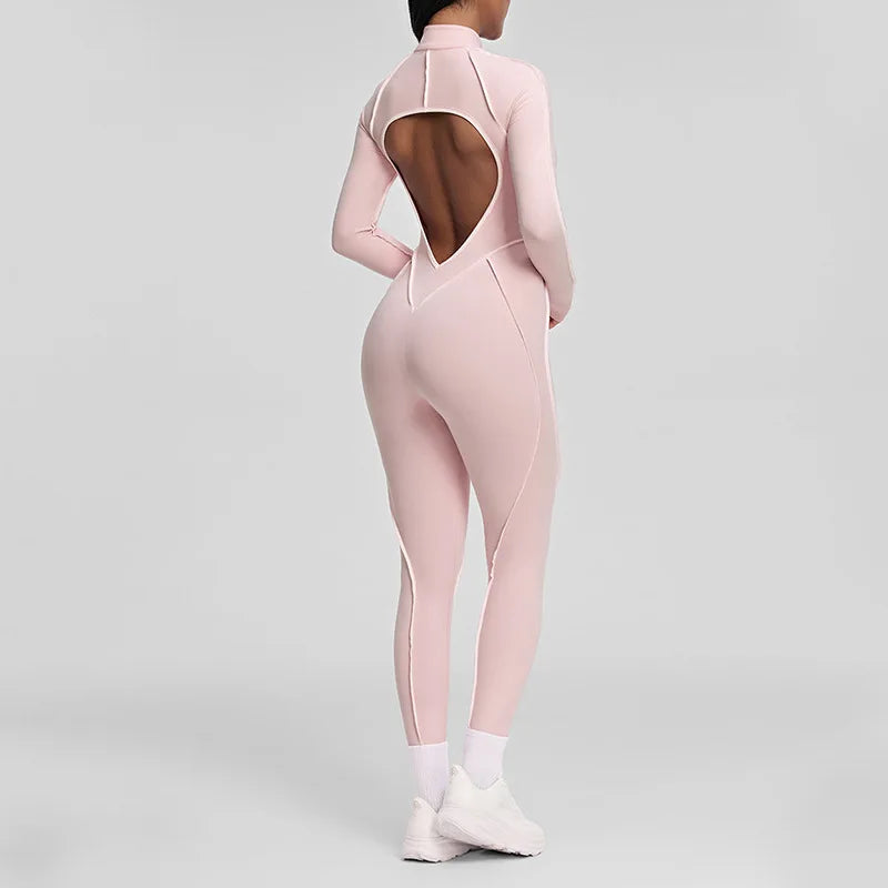SOISOU Nylon Jumpsuit Women's Sport Yoga Fitness Set with zipper & chest cushion Bare Back High elastic soft fabric Gym Bodysuit
