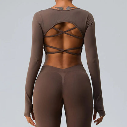 Sexy Women's Backless Shirt Seamless Crop Top Fitness Shirts Long Sleeve Gym Workout Sports Top Woman Front Yoga Tops Activewear