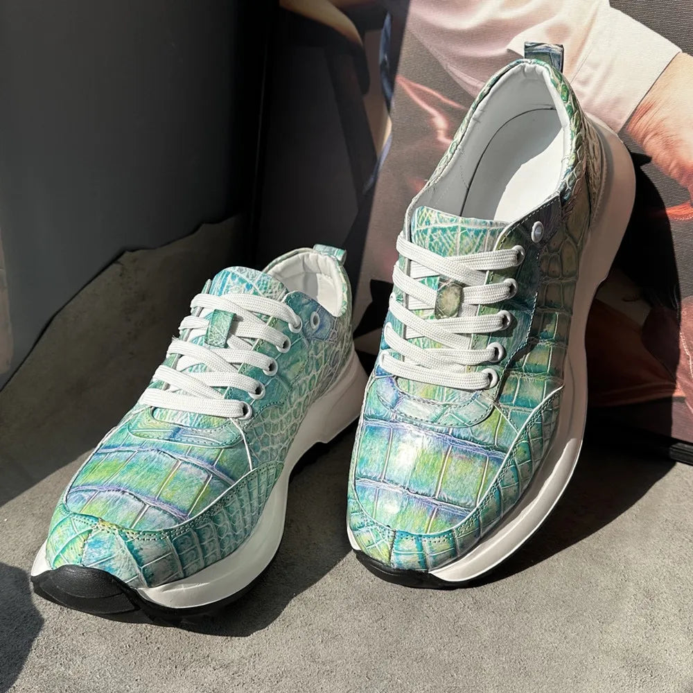 Designer real crocodile leather hand-painted aurora blue men's fashion sneakers crocodile leather men's lace-up casual shoes