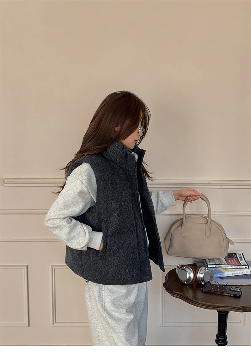 Short Down cotton Vest Women's 2025 Korean Fashion New Stand-up Sleeveless Zipper Student Vest Jacket Black Gray Waistcoat Tide