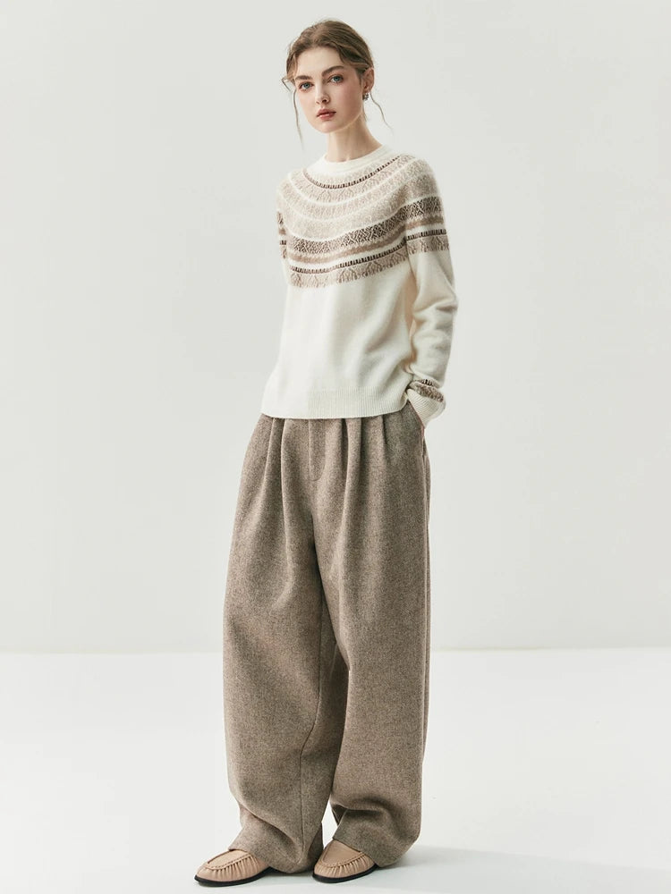 CHICUU Women Autumn Winter O-neck Vintage Style Pullover Sweater 100% Cashmere Knitwear Thick Warm Jacquard Knitting Sweater Top