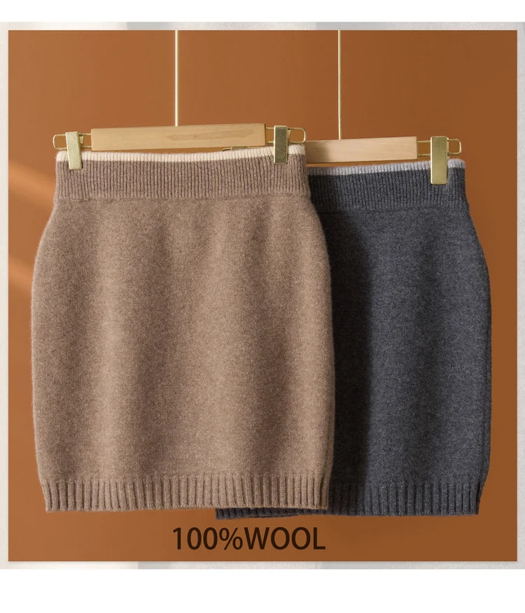 Flat Thickened Hip Hugging Skirt Women's Autumn Winter 100% Merino Wool Knitted Half Skirt Versatile Short Elastic Waist Skirt