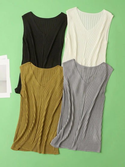 SuyaDream. Women Knitted Tanks, 45%Silk 55%Lyocell, V neck, Sleeveless Chic T Shirt, 2025 Solid Summer Vests