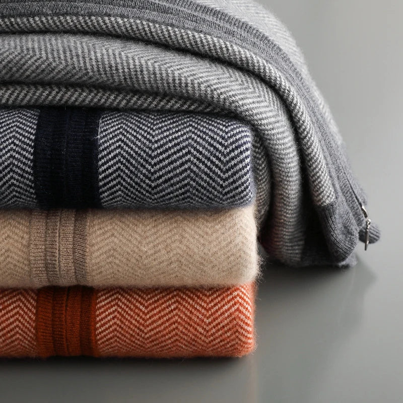 Autumn Winter 100% Merino Wool Knitted Zipper Cardigan Men's Half High Collar Herringbone Pattern Thick Coat Casual Warm Jacket