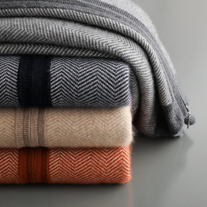 Autumn Winter 100% Merino Wool Knitted Zipper Cardigan Men's Half High Collar Herringbone Pattern Thick Coat Casual Warm Jacket