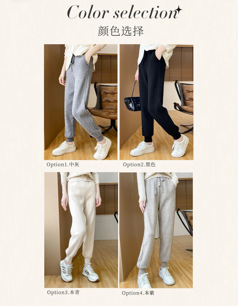 DjzDsm Women's Wool Pencil Pants Autumn Winter 100% Merino Wool Knitted Trousers Thick Soft Warm Pocket Casual Style Comfy Pants
