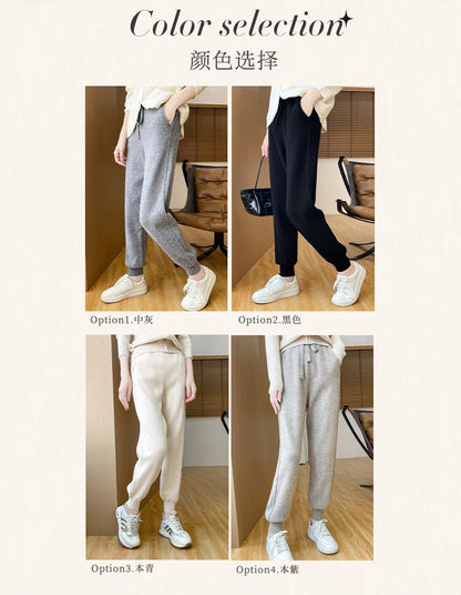 DjzDsm Women's Wool Pencil Pants Autumn Winter 100% Merino Wool Knitted Trousers Thick Soft Warm Pocket Casual Style Comfy Pants