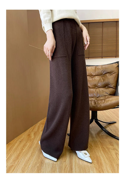 DjzDsm Women's Autumn Spring Knitted Floor-Length Wide Leg Pants 100% Merino Wool Long Trousers