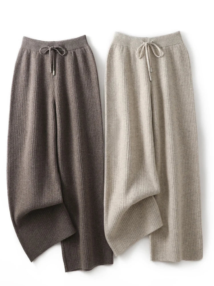 CHICUU Women Thick Wide Leg Pants 100% Merino Wool Knitted Trousers Autumn Winter Striped Jacquard Cashmere Pants Simple Style