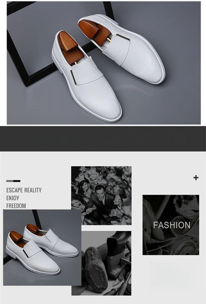 2025 New Men's Elevating Dress Shoes British Style Pointed-Toe Cowhide Leather Soft White Oxfords Formal Business Footwear