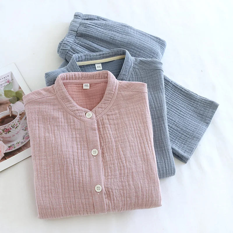 2026 Spring and Autumn New Couple Pajama Set 100% Pure Cotton Crepe Cloth Men's and Women's Stand up Neck Simple Home Clothing