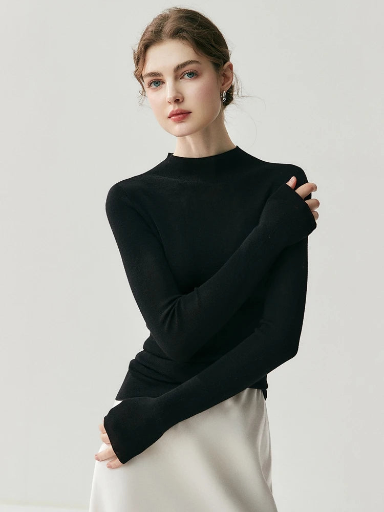 CHICUU Women 100% Wool Sweater Machine Washable Mock Neck Pullover 18-Thread Worsted Cashmere Knitwear   Autumn Winter Clothes