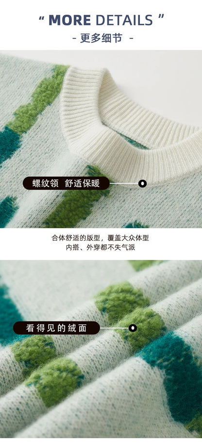 New 100% Pure Wool Men's O-neck Pullover 2025 Autumn/Winter Color Matching Top Casual Thick Fashion Large Size Jumper Sweater