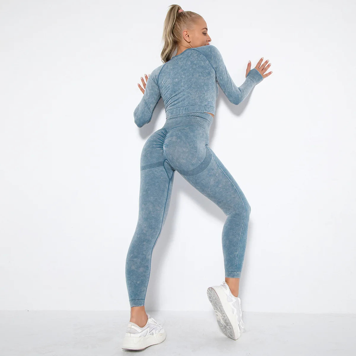 Women Seamless Tracksuit Yoga Set 2PCS Workout Clothes Athletic Wear Gym Legging Fitness Bra Crop Top Long Sleeve Sports Suits