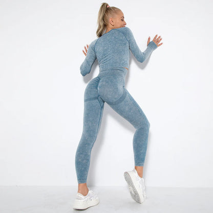Women Seamless Tracksuit Yoga Set 2PCS Workout Clothes Athletic Wear Gym Legging Fitness Bra Crop Top Long Sleeve Sports Suits