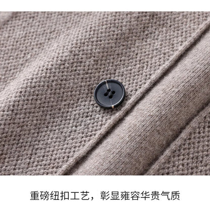 100% Merino Wool Men's Lapel Collar Knit Cardigan Autumn Winter Thicken Solid Color POLO Neck Suit Shirt Cashmere Jacket Sweater