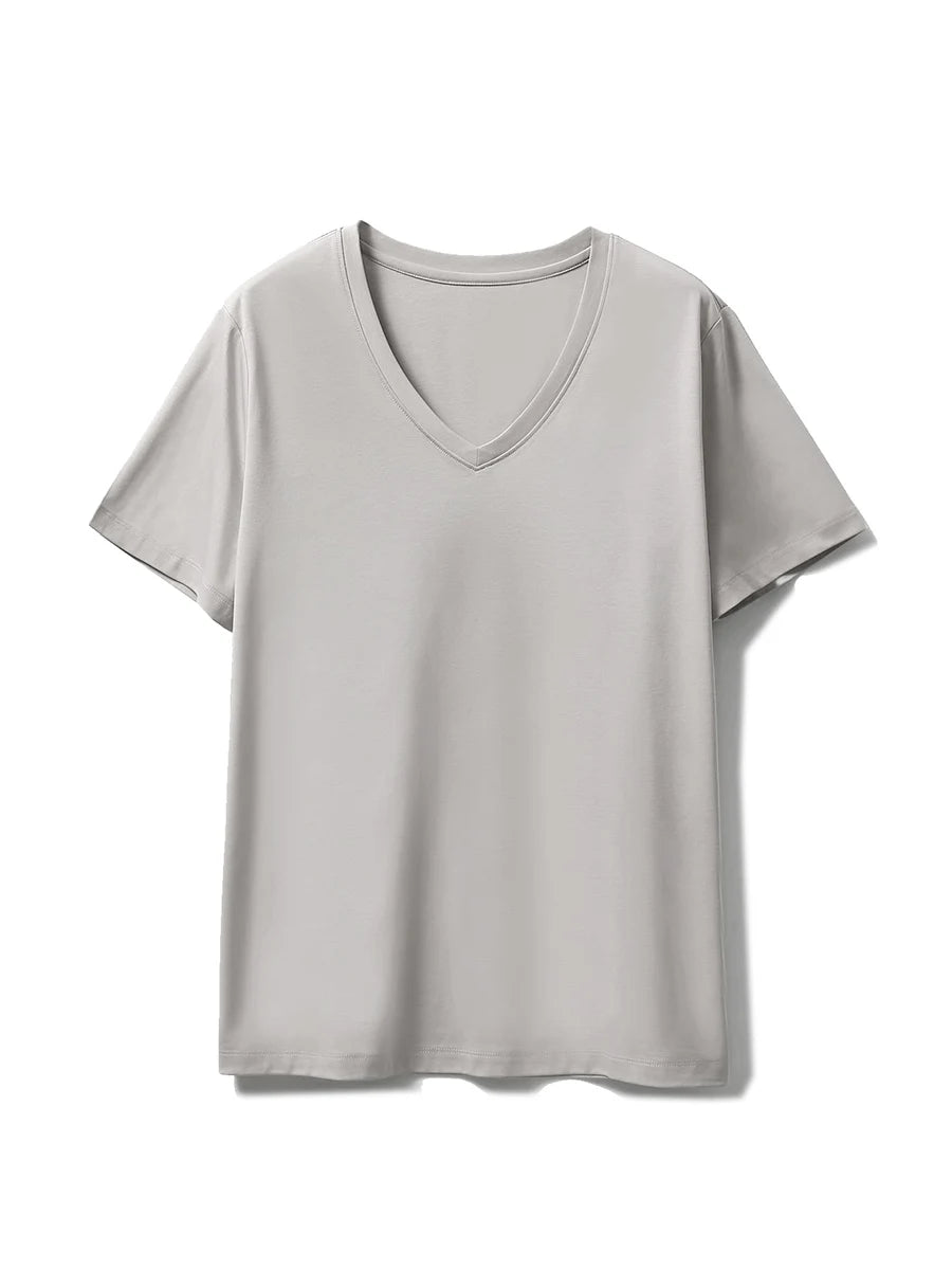 SuyaDream,Women Solid T shirts, 10%Silk 58%Cotton, V Neck, Short Sleeved Tee, 2025 Summer Candy Colors Basic Cozy Top