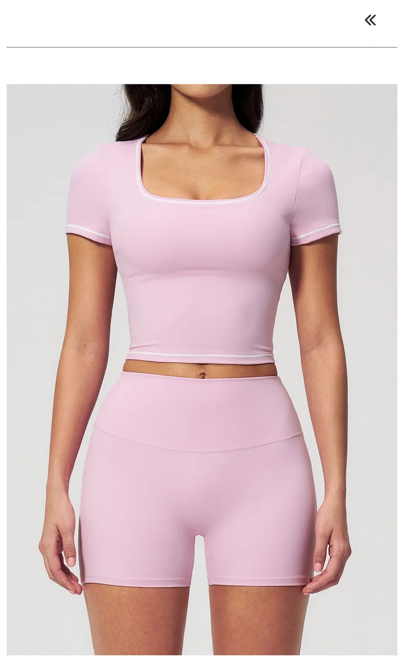 TRY TO BN 2 Pieces Women's Tracksuit Yoga Short Sleeves Top Sets High Waist Shorts Contrasting Color Running Fitness Gym Clothes