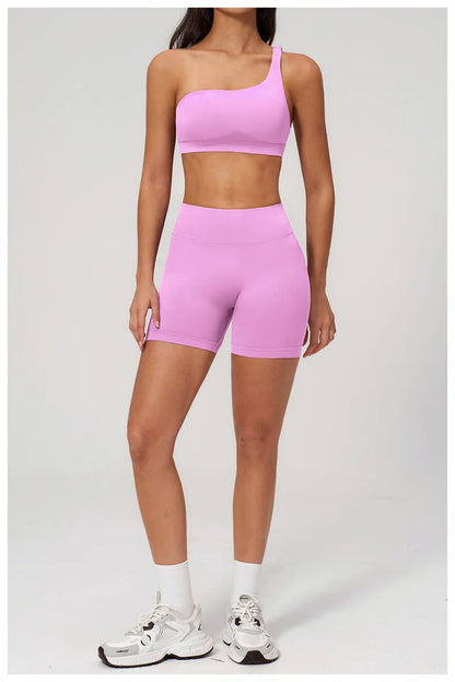 TRY TO BN Seamless Two Pieces Women's Tracksuit Yoga Shorts Set One-shoulder Hollow Backless Fitness Running Workout Gym Clothes