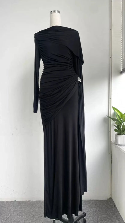 DEAT Fashion Brown Asymmetric Pleated Minimalist Dress Women's Round Neck Slim Fit Long Sleeves Ankle-length Dresses New