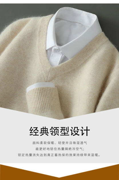 100% Pure Mink Cashmere Sweater Men's V-Neck Pullovers Knit Large Size Mink Sweater Winter New Long Sleeve High-End Jumpers Tops